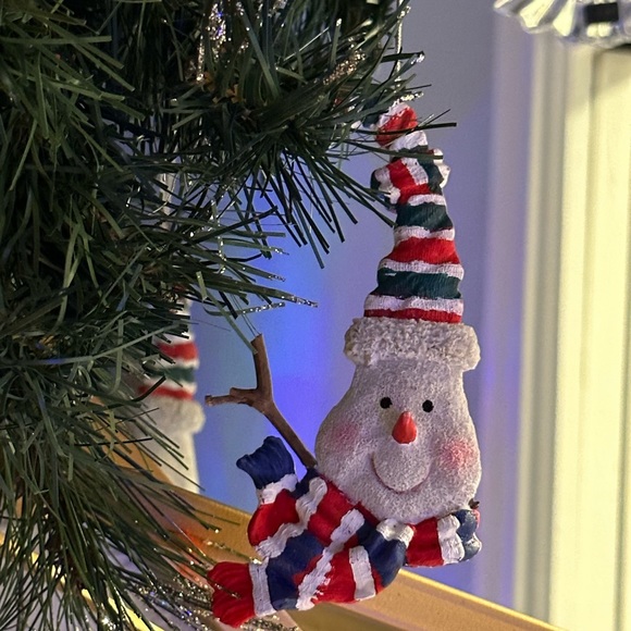 Vintage Blue and red stripes silly hat and scarf snowman face ornament - Picture 2 of 14